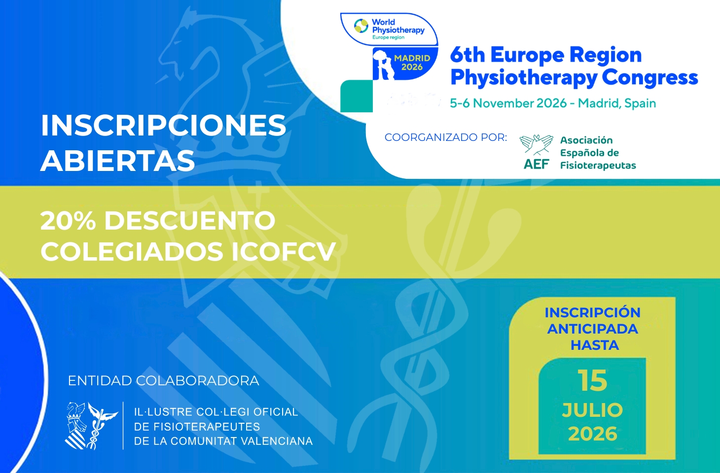 El ICOFCV, entidad colaboradora del 6º Congreso Europeo de Fisioterapia 